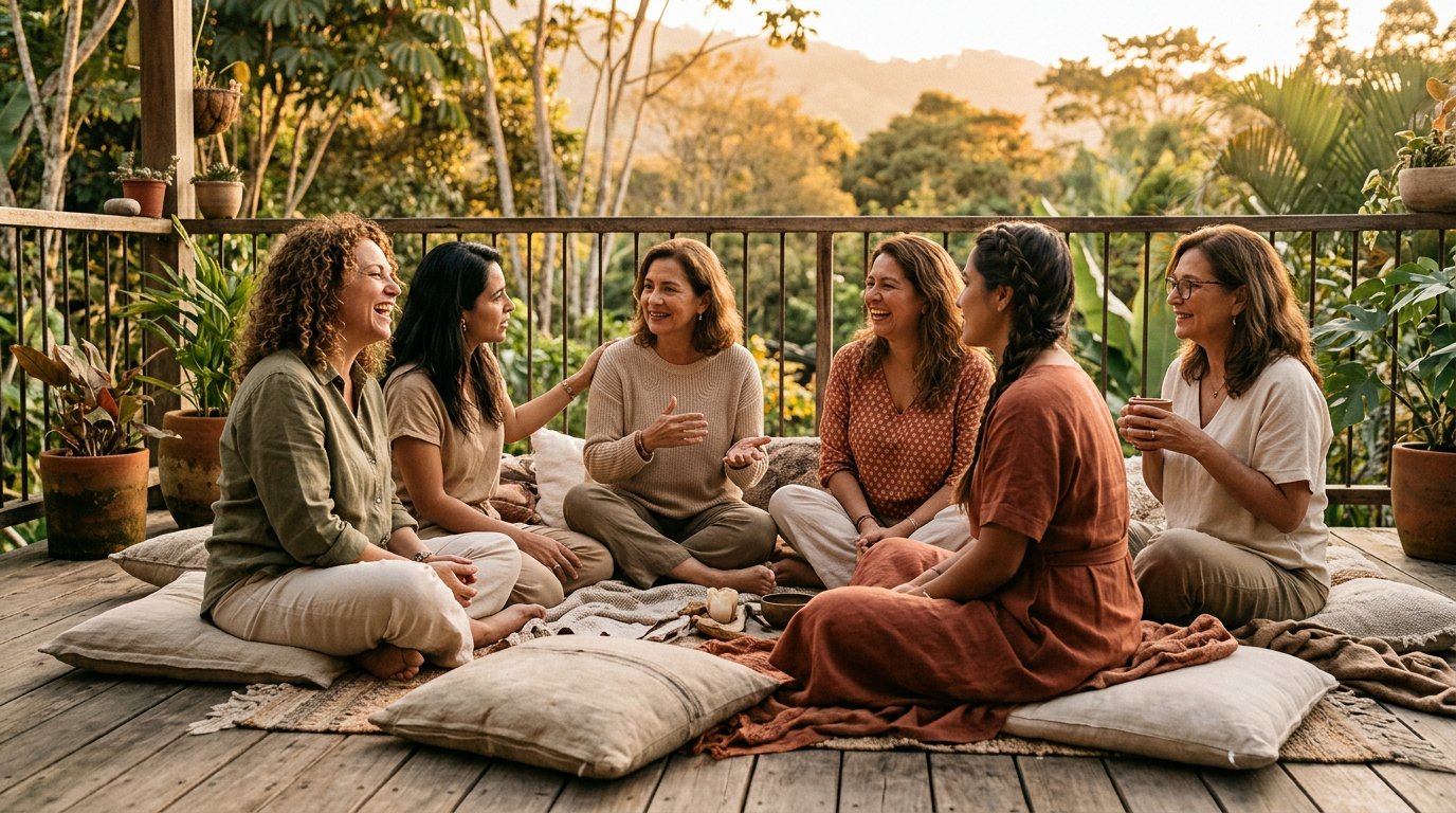 Círculo íntimo de mujeres conversando en un espacio natural