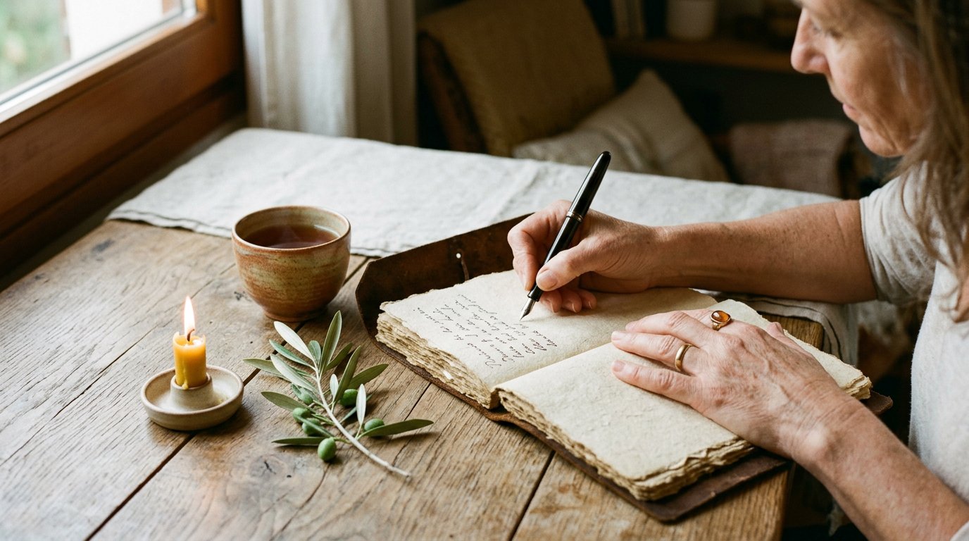 Manos de una mujer escribiendo en un diario junto a una vela
