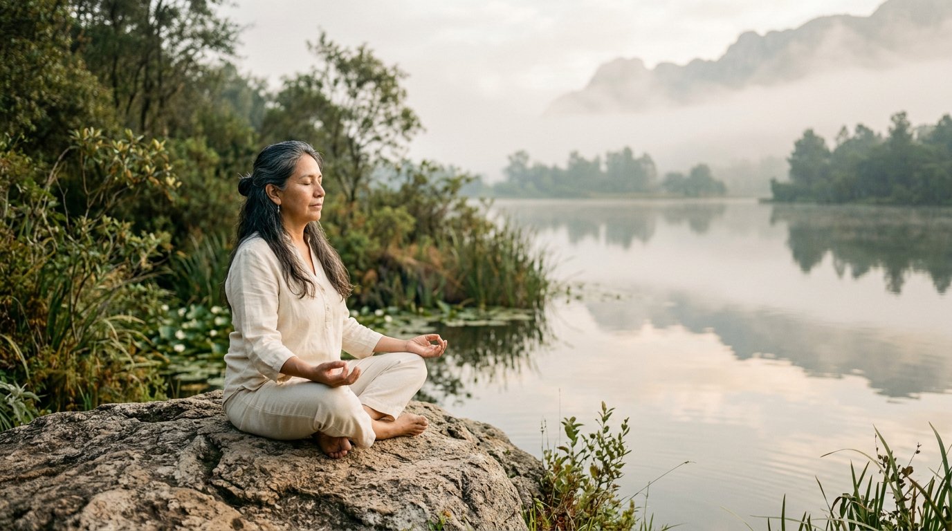 Mujer en meditación junto a un lago en calma al amanecer