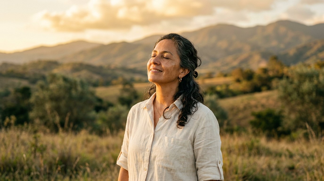 Mujer con el rostro hacia el sol, expresión de paz, en hora dorada